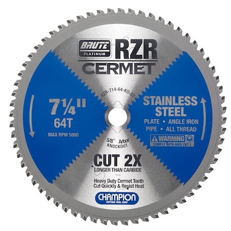 Brute Platinum 7-1/4in Brute RZR Cermet Tipped Circular Saw Blades for Stainless Steel, 64 Teeth, 5/8in KO Arbor CHA RZR-714-64-KO-ST